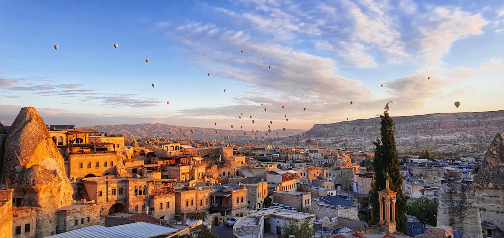 birds flying over city during daytime