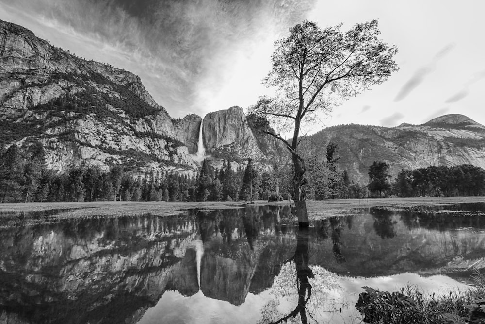 grayscale photo of lake near mountain