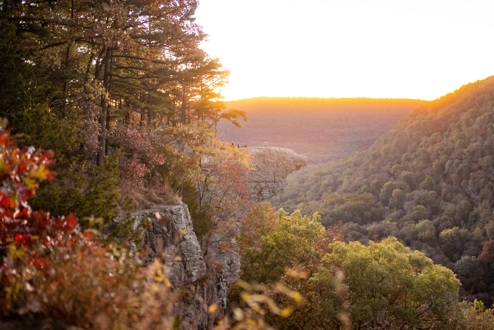 the sun is setting over the mountains and trees