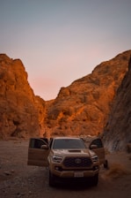 A tow truck parked on a desert road at sunset with cacti in the background.