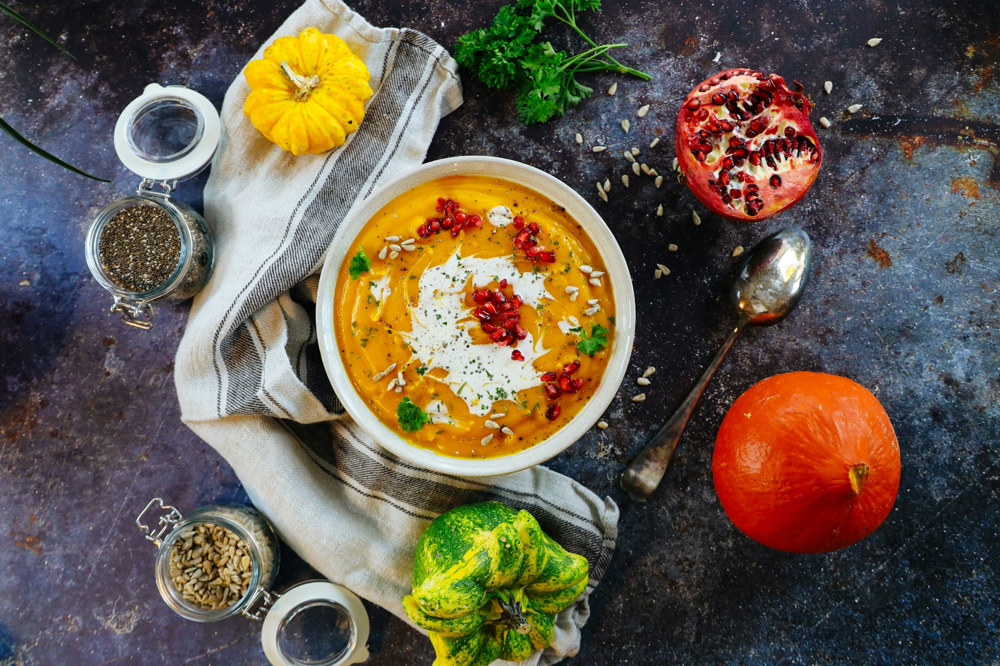 Creamy Roasted Pumpkin Soup. Very delicious seasonal food dish.