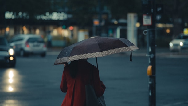 person in red coat holding umbrella