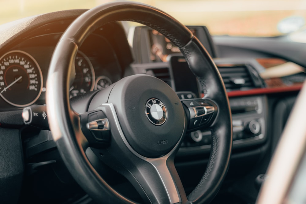 black and brown bmw steering wheel