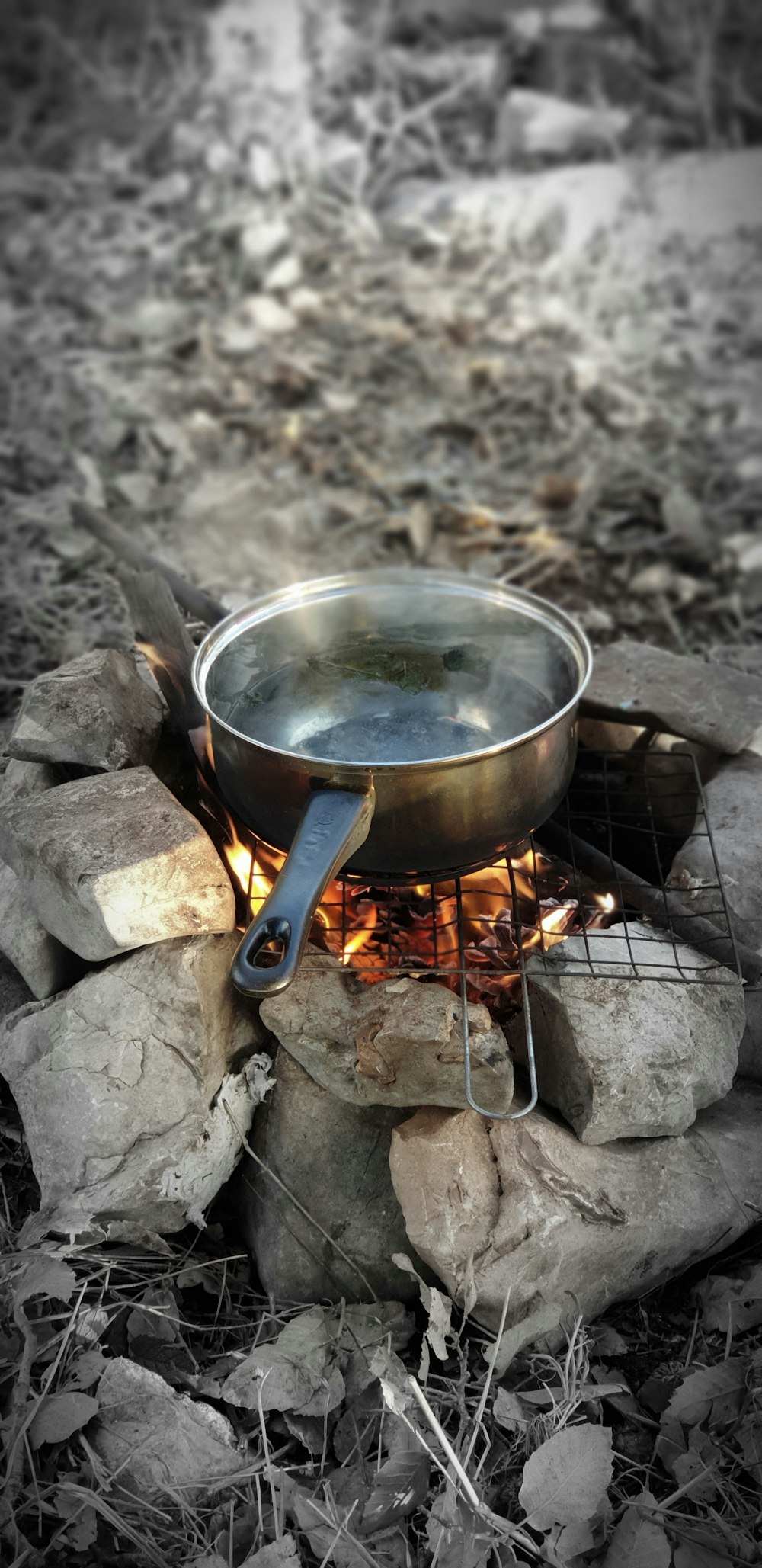 stainless steel cooking pot on fire