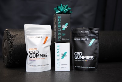 a package of cbd gummies next to a bag of cbd gummies