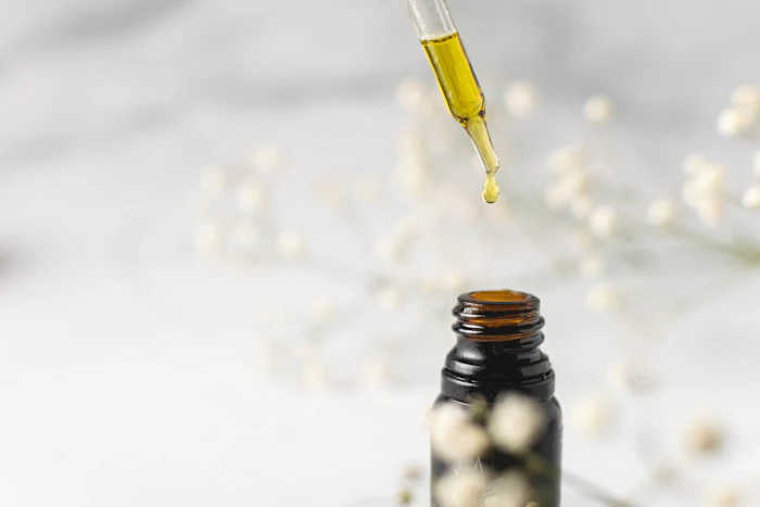 Collection of amber glass essential oil bottles