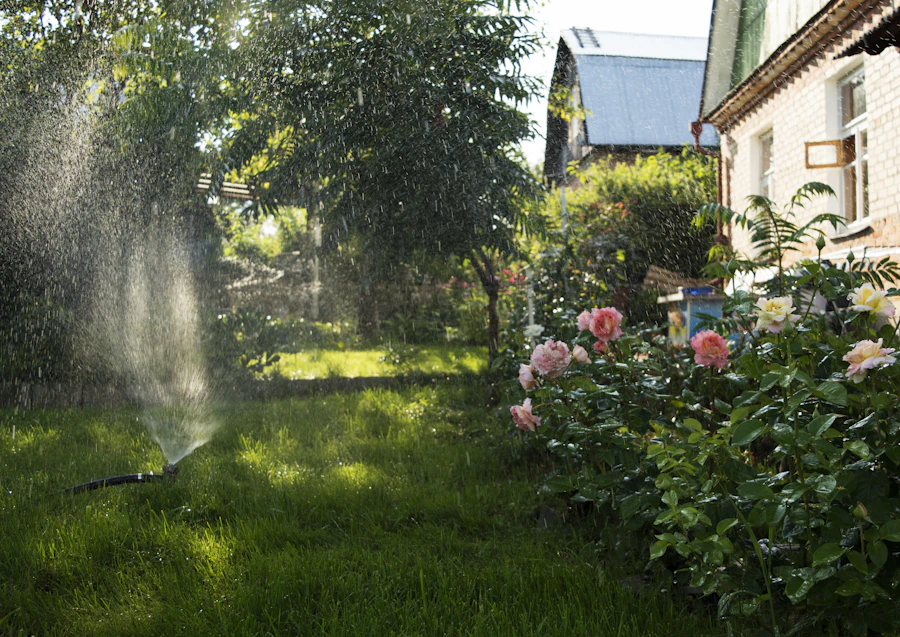 Sprinkler watering a healthy green lawn in Lakeway, TX