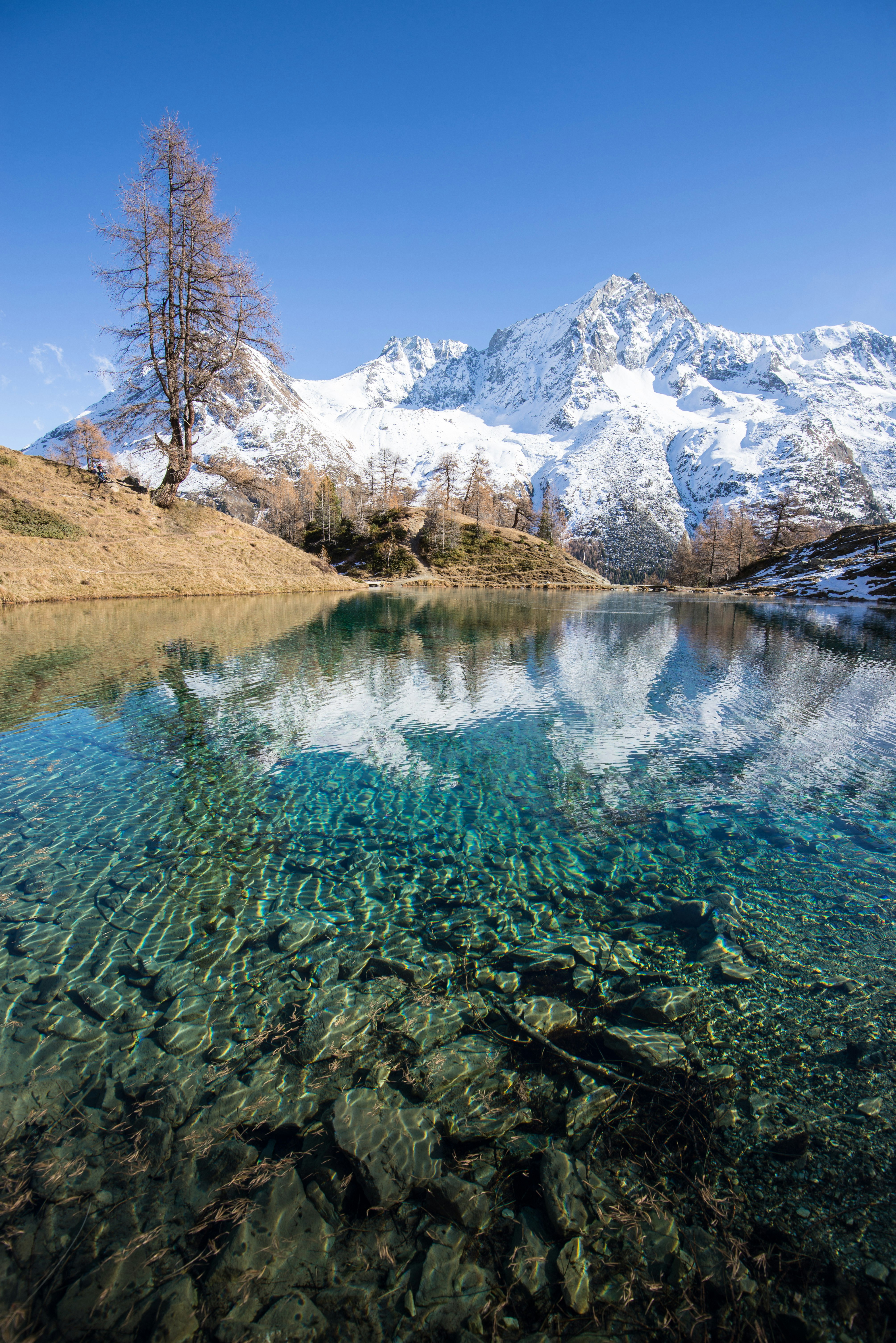 The cristalline water of the Lac Bleu, next to Arolla in the Swiss alps.