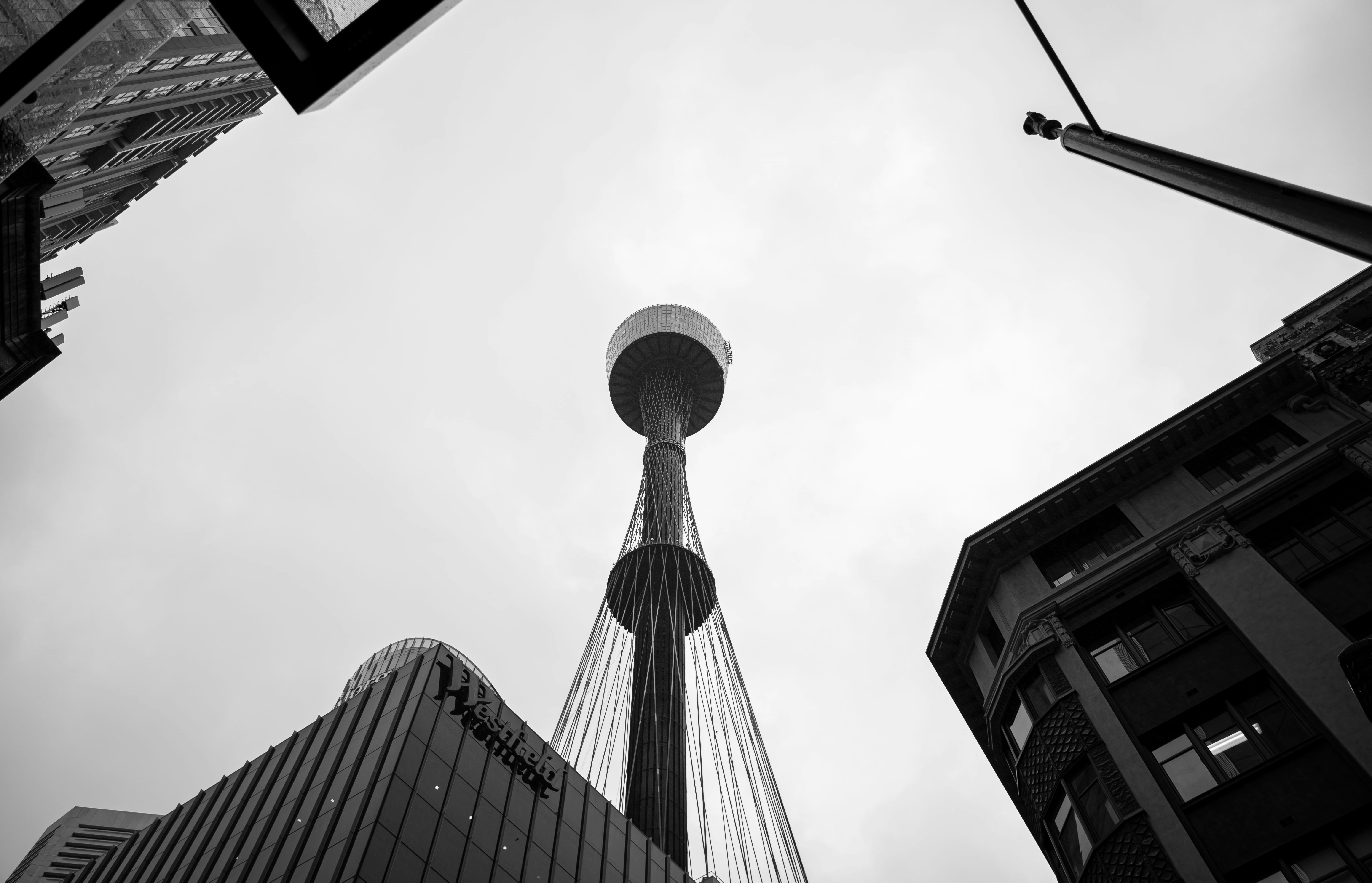 grayscale photo of a tower