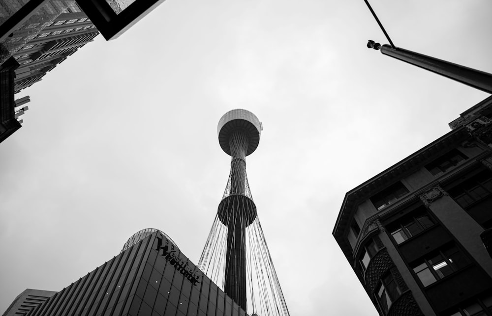 grayscale photo of a tower