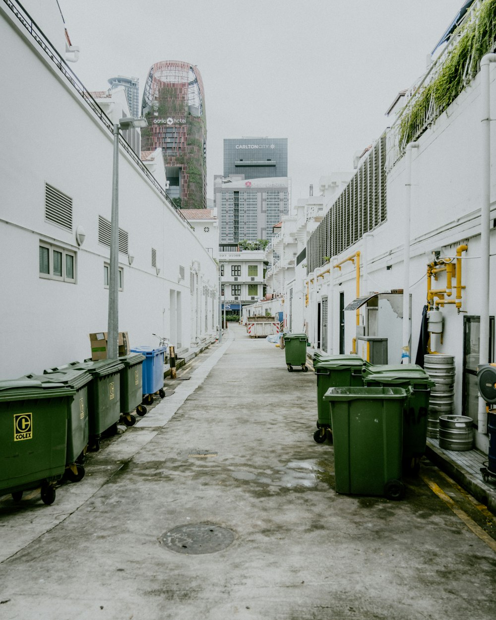 green trash bin on sidewalk during daytime