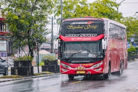 A large red bus driving on a wet road with rain visible around it. The bus has 'Non Stop Skyview Coach' written on the front and is a Scania brand vehicle. Trees and greenery are on the side of the road, with a car partially visible in the background. The scene suggests a rainy day in an urban setting.