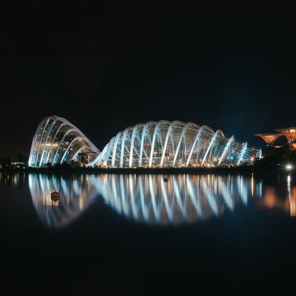 white and black building near body of water during night time