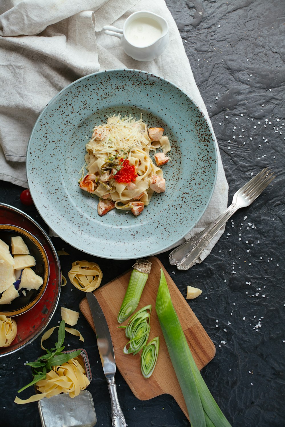 pasta dish on blue ceramic plate