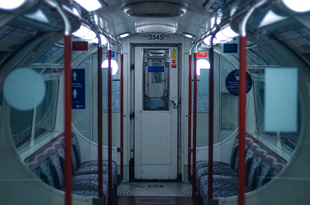 white and red train interior