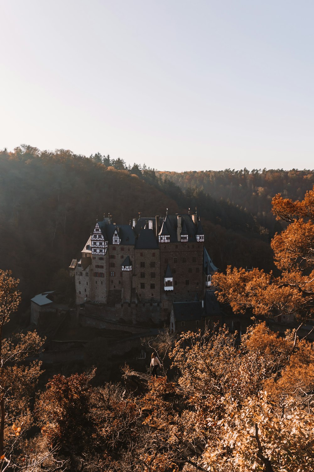 white and black castle on top of mountain