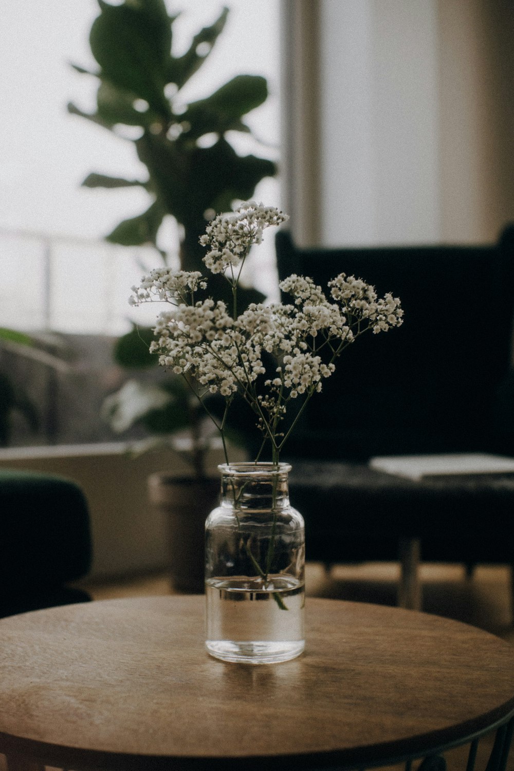 fleurs blanches dans un bocal en verre transparent sur une table en bois brun