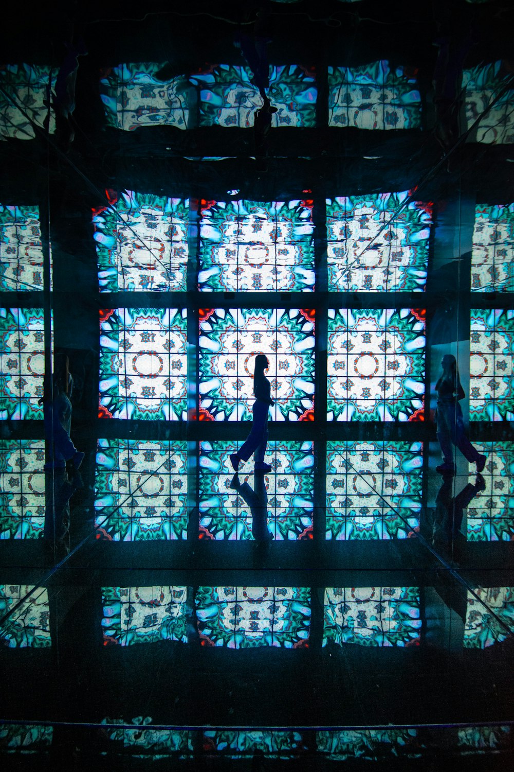 blue and white floral glass window