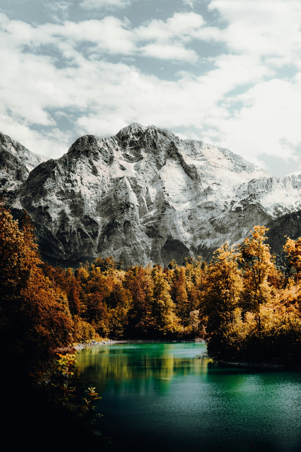 green and yellow trees near mountain under white clouds during daytime