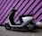 A modern electric scooter is parked against a vibrant purple wall with black diagonal stripes. The scooter has a sleek black and white design, with a comfortable seat and handlebars equipped with mirrors. The ground is paved, and there are decorative concrete spheres near the wall.