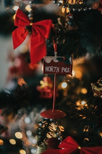 A Christmas tree adorned with decorations, including a red bow and a small sign that reads 'North Pole'. Warm lights add a cozy ambiance, and various ornaments hang among the dark green branches.