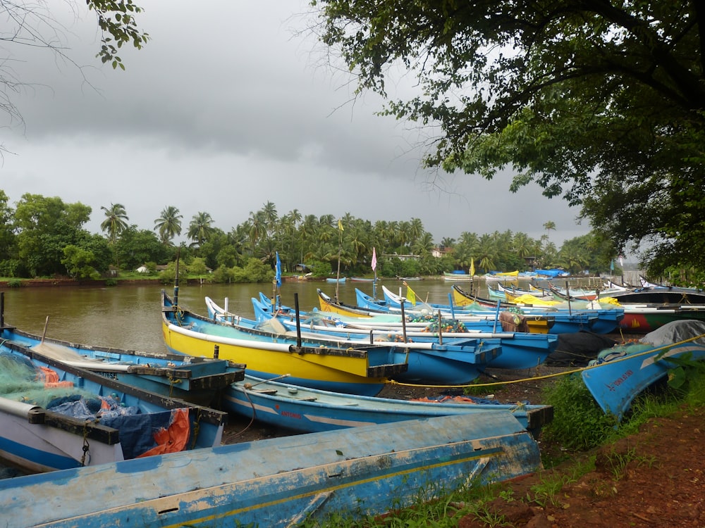 blue and yellow boats on body of water during daytime