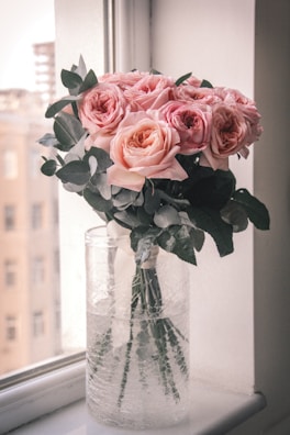 Bright pink preserved roses arranged in a minimalist clear glass vase glowing under soft natural light.