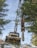 A yellow crane truck is positioned on a snowy, inclined forest path. The crane is extended upwards, with a large metal hook suspended in front. Surrounding the vehicle are tall evergreen trees, and patches of snow cover the ground and parts of the truck.