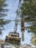 A yellow crane truck is positioned on a snowy, inclined forest path. The crane is extended upwards, with a large metal hook suspended in front. Surrounding the vehicle are tall evergreen trees, and patches of snow cover the ground and parts of the truck.