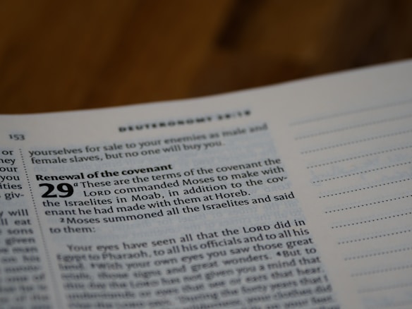 A close-up of a page from a Bible, focusing on Deuteronomy 29, which discusses the renewal of the covenant. The text is printed in a bold, clear font against a light-colored page. The page appears to be in a study or reading environment.