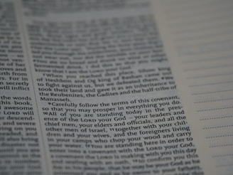 An open book with text printed on both visible pages. The left page contains paragraphs with varying sizes of text, and some words are in bold. The right page has sections of blank lines that appear to be for notes or annotations. The text is in English.