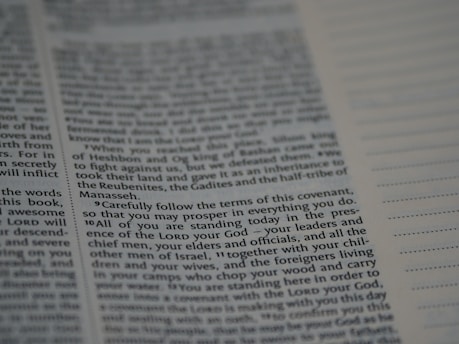 An open book with text printed on both visible pages. The left page contains paragraphs with varying sizes of text, and some words are in bold. The right page has sections of blank lines that appear to be for notes or annotations. The text is in English.