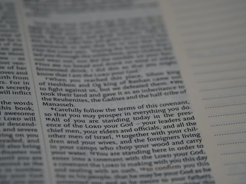 An open book with text printed on both visible pages. The left page contains paragraphs with varying sizes of text, and some words are in bold. The right page has sections of blank lines that appear to be for notes or annotations. The text is in English.
