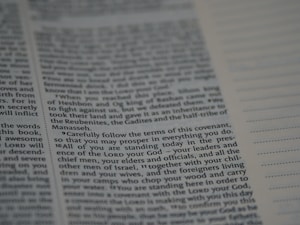 An open book with text printed on both visible pages. The left page contains paragraphs with varying sizes of text, and some words are in bold. The right page has sections of blank lines that appear to be for notes or annotations. The text is in English.