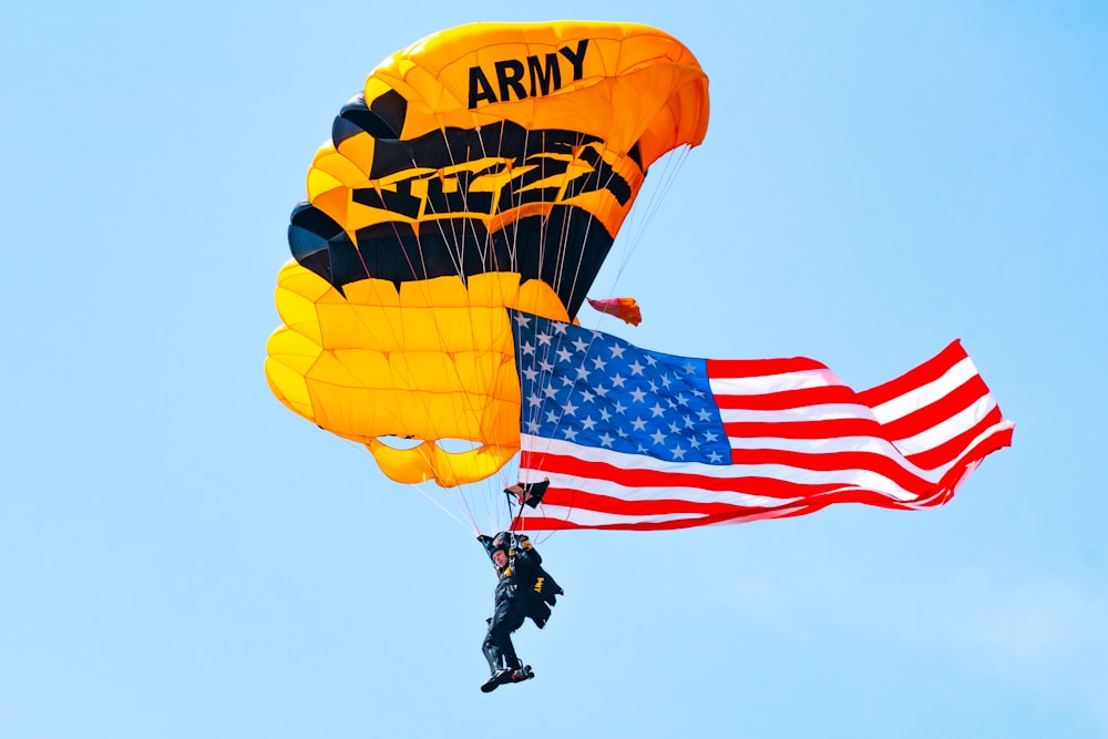 man in black jacket riding yellow parachute