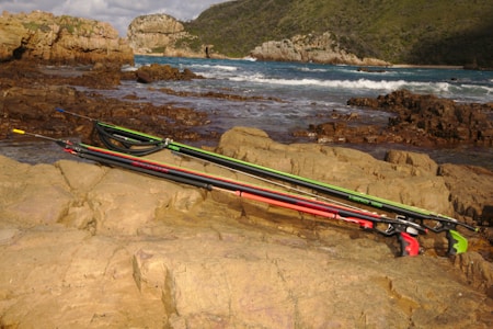 Spearguns are positioned on rocky terrain by the coastline with ocean waves in the background. Rugged cliffs and greenery surround the ocean, creating a natural and adventurous setting.