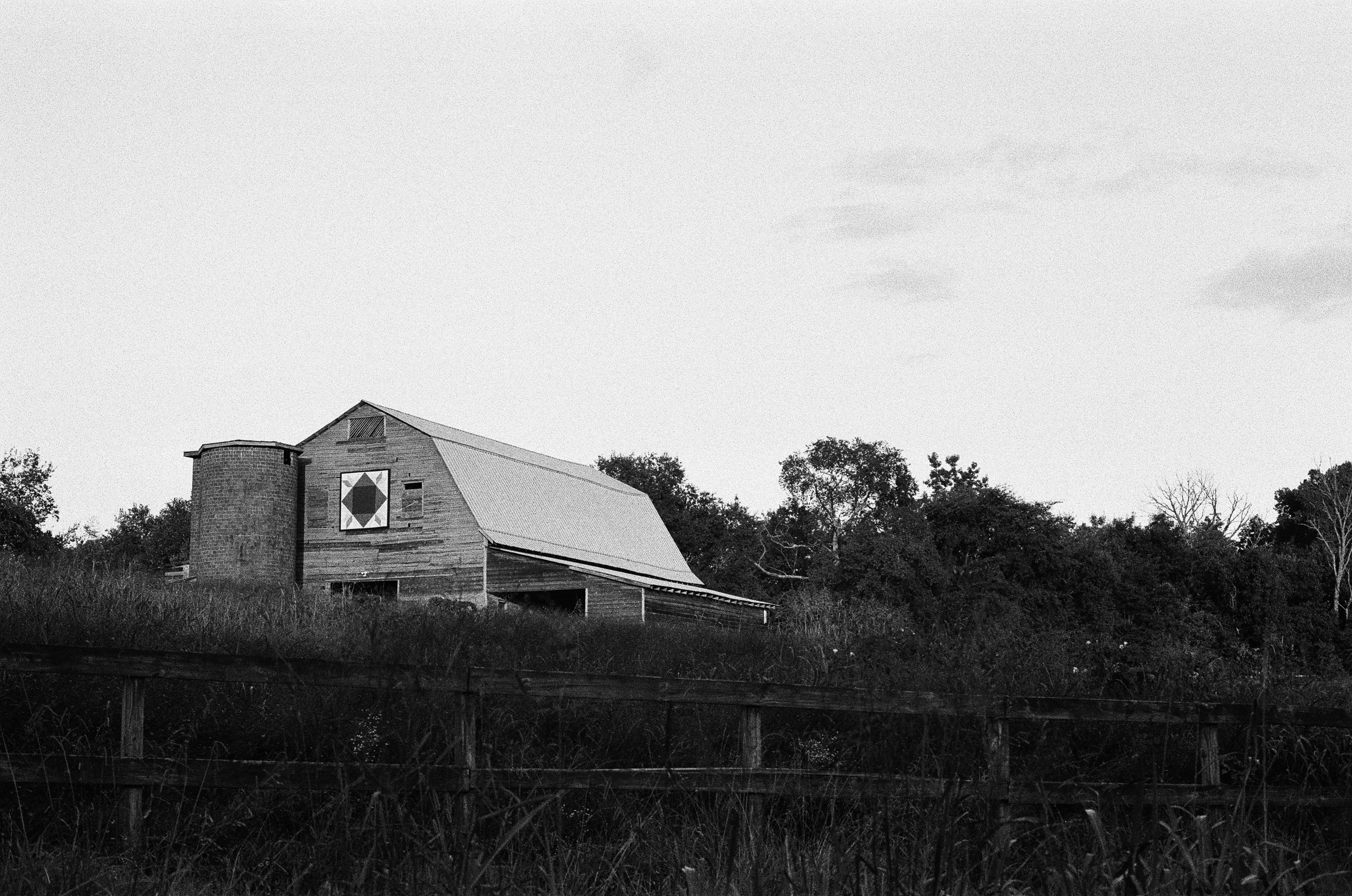 grayscale photo of wooden house on grass field