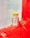 A bottle of CBD gummies labeled 'Not Pot' is placed on a red inflatable surface. The bottle features colorful, playful graphics. Two white bear-shaped gummies and a small green plant are nearby. The soft background includes a subtle view of clouds.