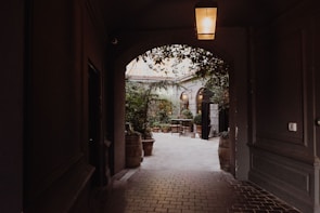 A cozy courtyard featuring a mix of evergreen shrubs and vibrant seasonal plants with soft ambient lighting.