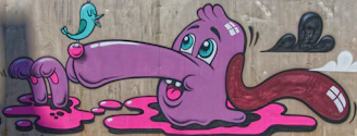 A grotesque creature with electric purple highlights snarling fiercely in a chaotic street art style.