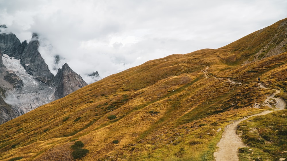 campo di erba verde vicino alla montagna sotto il cielo bianco durante il giorno