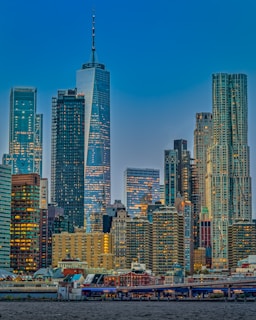 A wide-angle shot of a modern cityscape at dusk with crisp, clear lines.