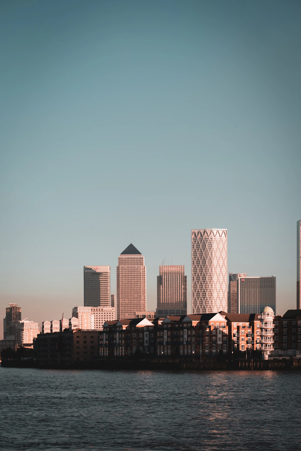 London Docklands skyline near the river