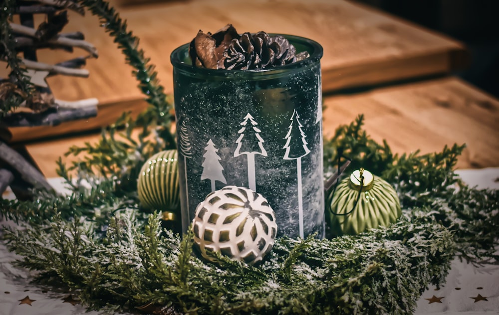 black and white ceramic mug with white and black round ornament