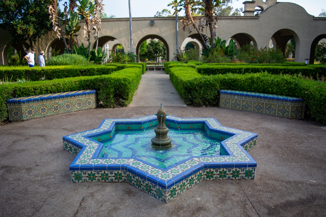 green and blue fountain in the middle of green plants,