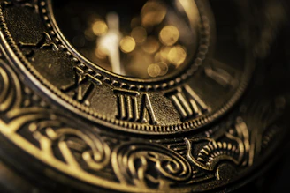 A dramatic close-up of an ancient clock with shadows and celestial light highlighting its details.