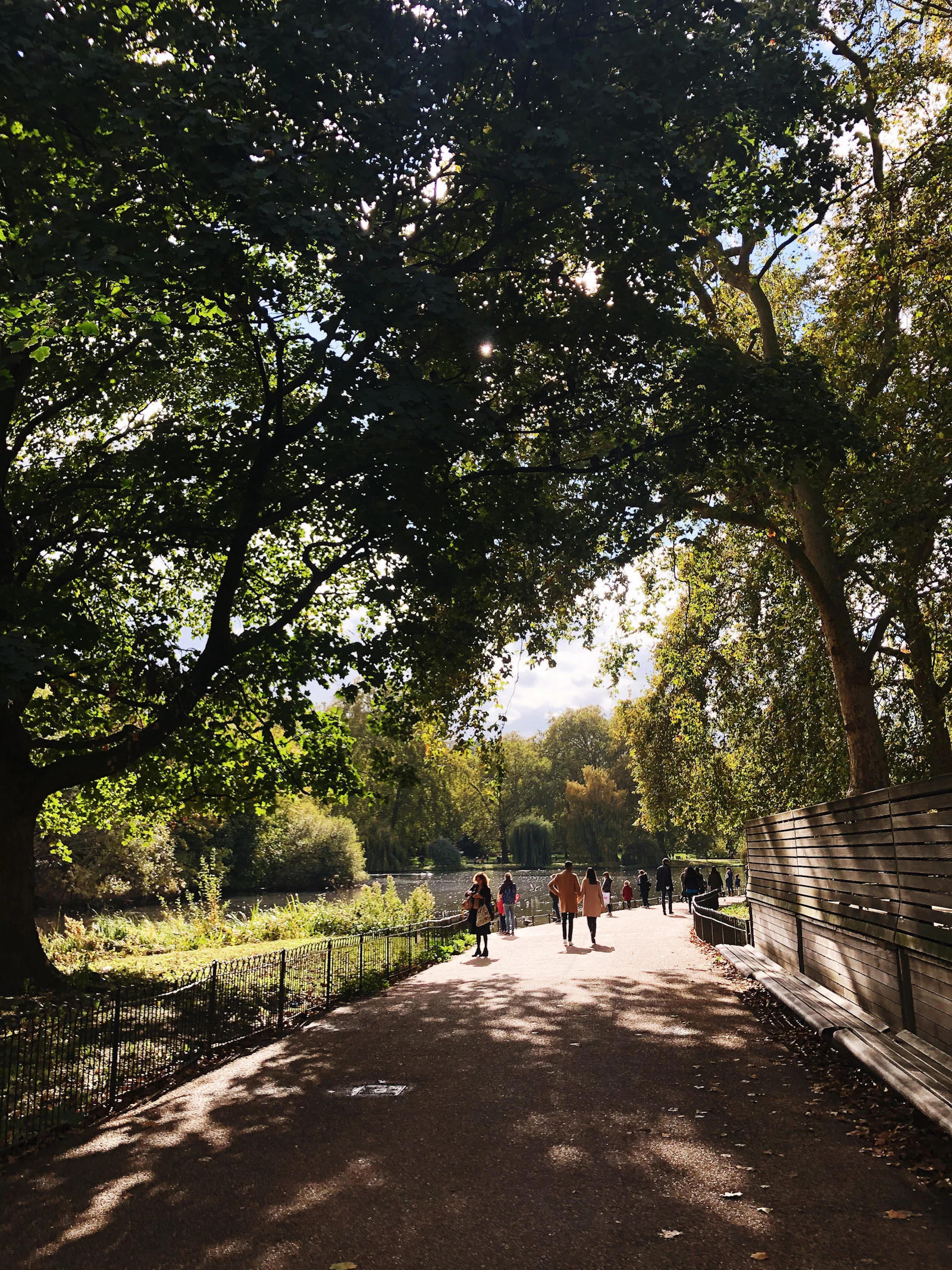 Travel photograph: People walking a shaded path beside the lake in St James's Park.