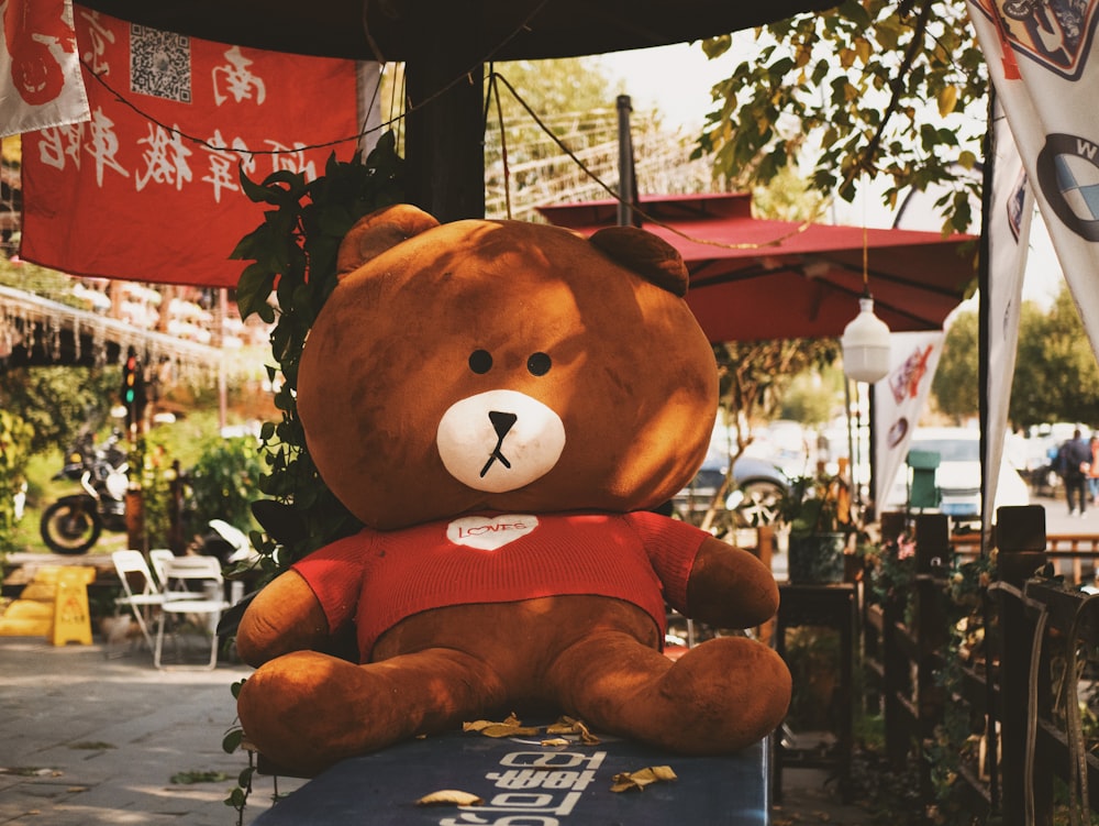 brown bear plush toy on the street