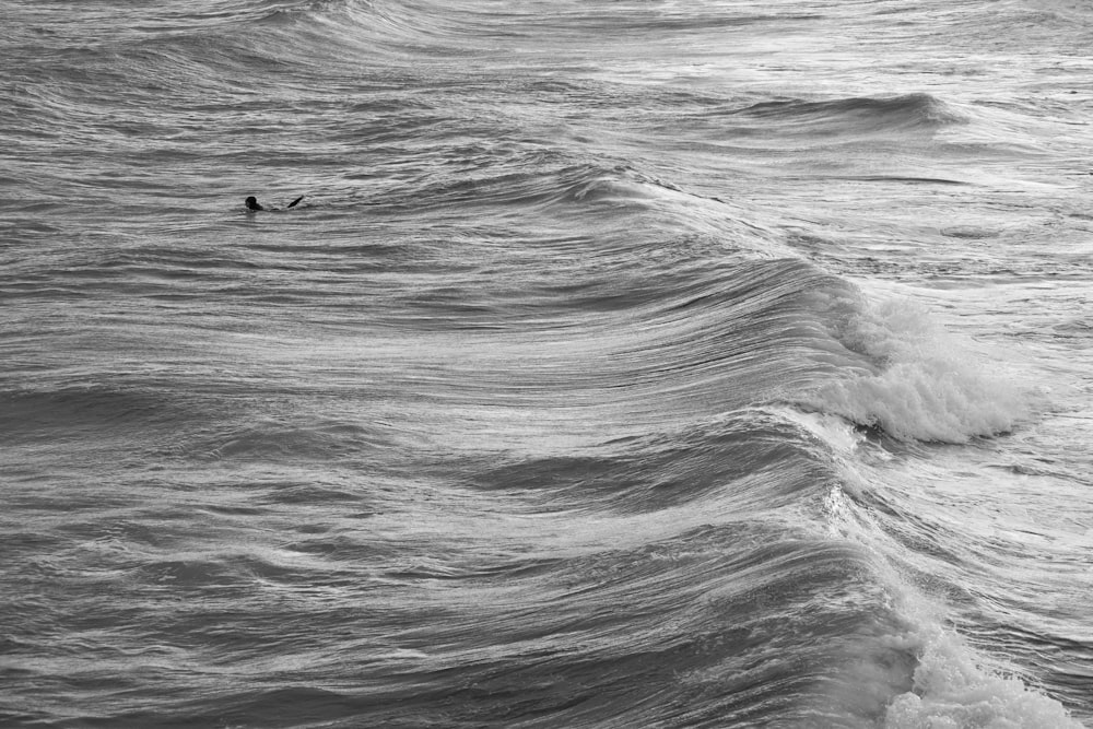 grayscale photo of person surfing on sea waves