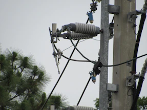 Close-up of a technician inspecting a maintenance-free earthing system outdoors.